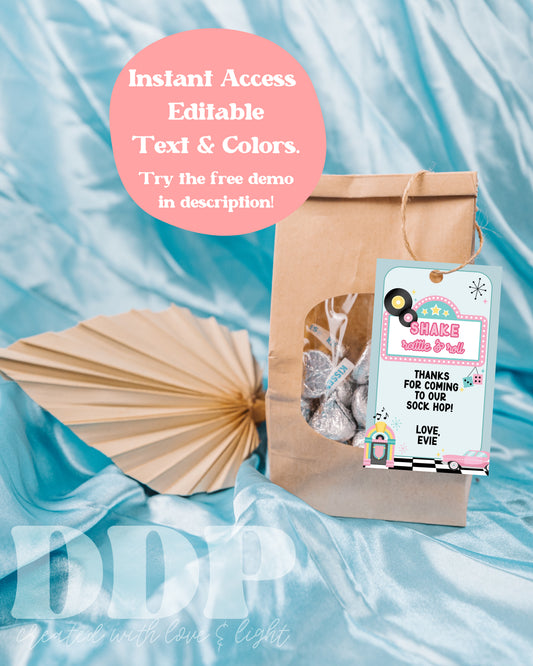 Sock Hop Favor Tag | 50s Diner Themed Thank You | 1950s American Diner Birthday Tag