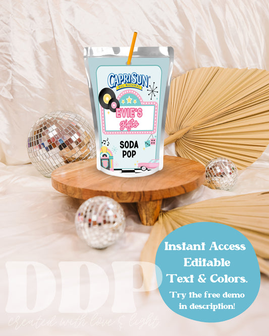 Sock Hop Party Juice Bag Label | 50s Diner Retro Birthday Decor | 1950s Sock Hop Juice Pouch Label