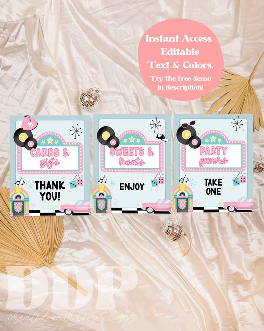 Sock Hop Birthday Table Signs | 1950s Diner Theme Birthday Decor | 1950s Birthday Signs