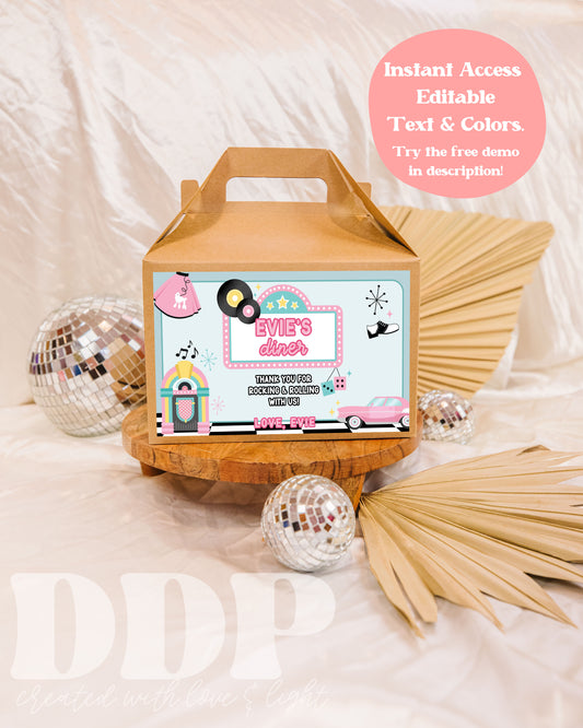 Sock Hop Gable Box Label | Midcentury Party Decor | 1950's Soda Shop Theme Party | Fifties American Diner Printable Party Decor