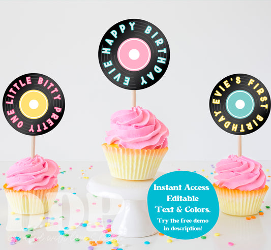 50s Diner Cupcake Toppers | Vinyl Record Cupcake Toppers | 1950s Sock Hop Diner Party Decor
