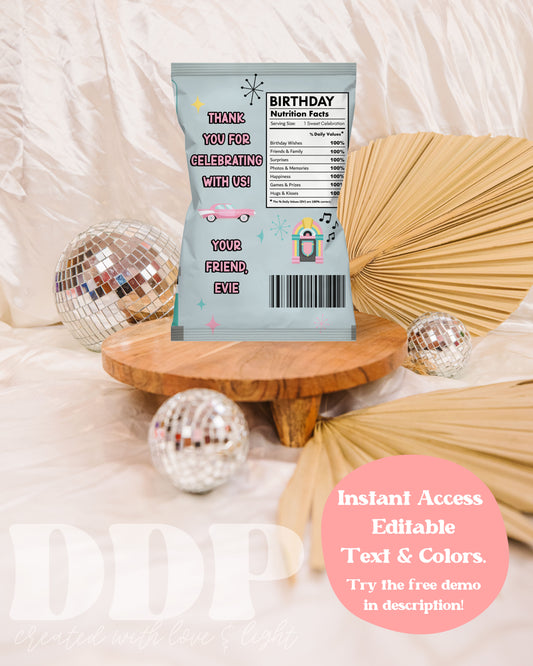 Sock Hop Chips Bag Label | 1950s Birthday Printable Party Decor | 50s American Diner Printable Party Decor