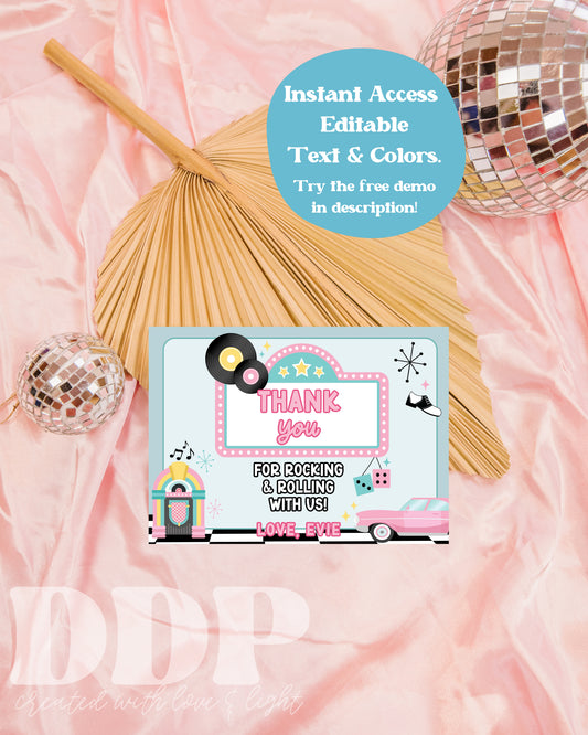 Sock Hop Thank You Cards | 1950s Diner Birthday Thank You | Digital Template