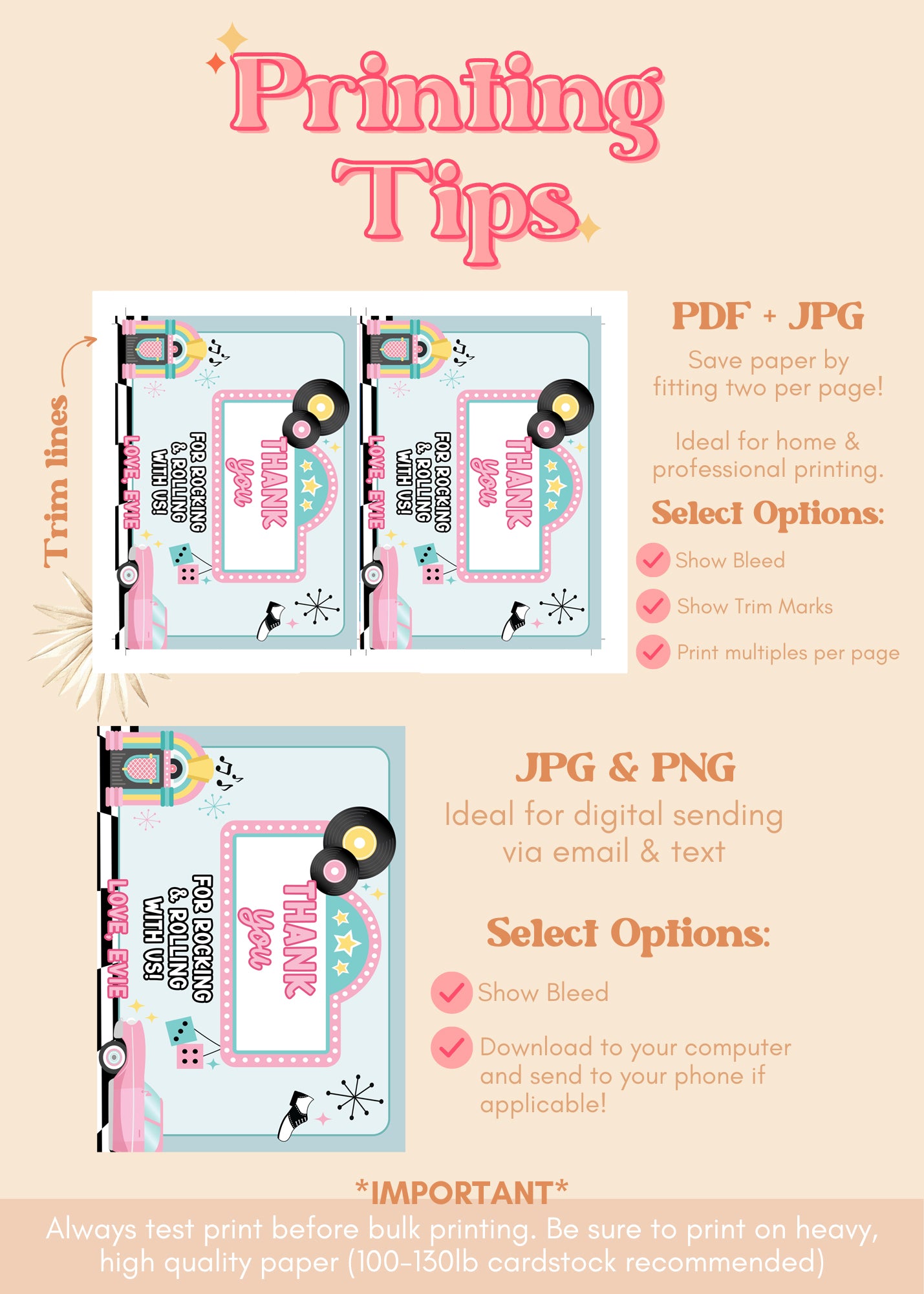 Sock Hop Thank You Cards | 1950s Diner Birthday Thank You | Digital Template