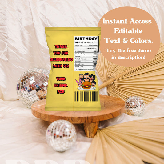 Bob's Burgers Birthday Chips Bag Label | Bob's Burgers TV Show Birthday Printable Party Decor