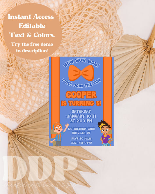 Glasses Bowtie Suspenders Invitation | Kids Orange and Blue Suspender Editable Invite | Boy Construction Excavator Dig Birthday