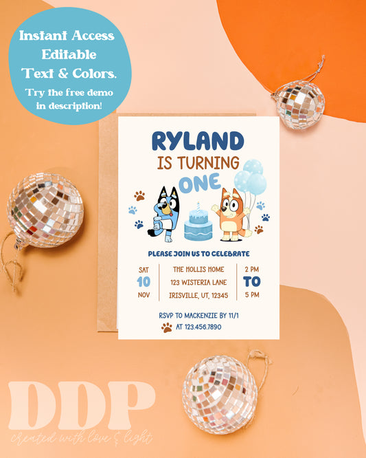 Blue Heeler Tan Themed Birthday Party Invitation | Boys Beige Australian Dog Birthday Editable Invite Template