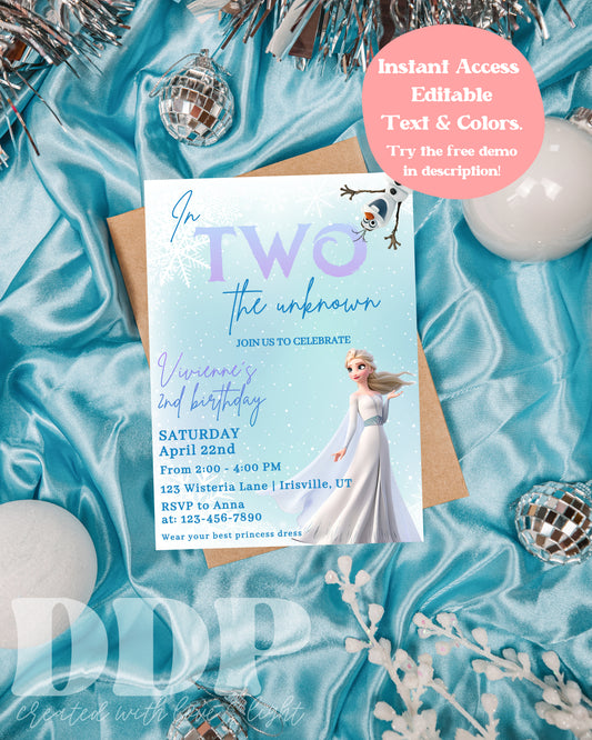 Frozen Inspired Birthday Invitation | In Two the Unknown Invitation | Elsa Birthday Invitation | Princess 2nd Birthday Invite