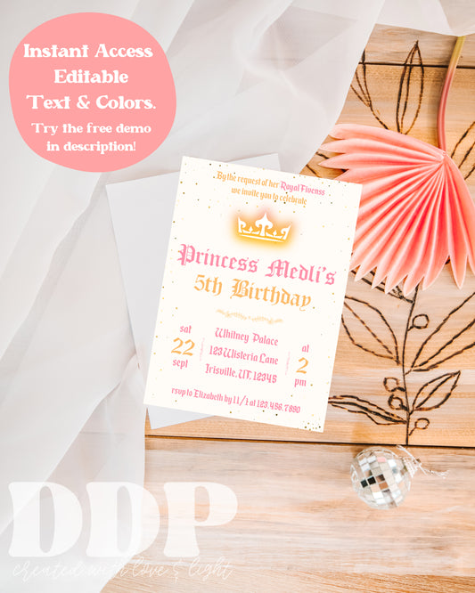 Her Royal Fiveness Invite | Royal Princess Editable Invite Template | Girl Princess Party