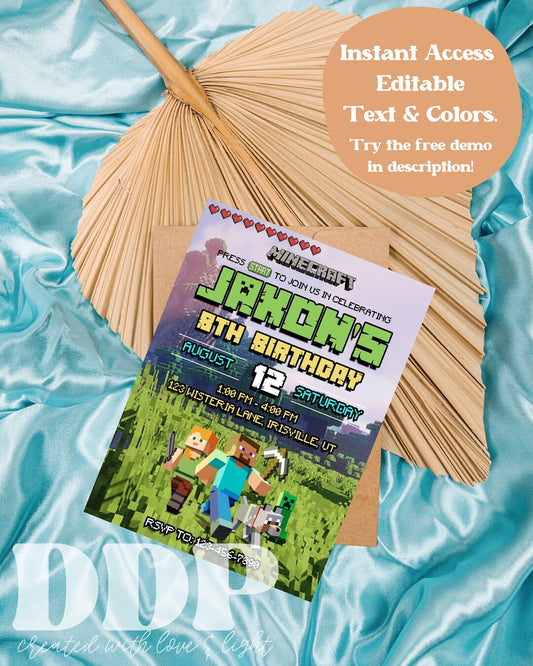 Minecraft Birthday Invitation | Video Game Birthday Party | Minecrafter Theme Invite | Gamer Bday Party