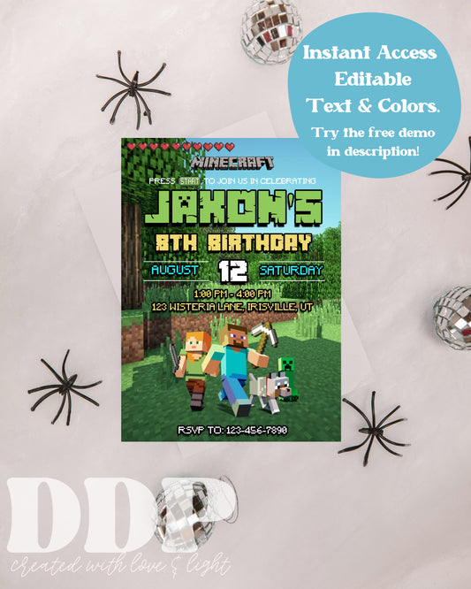 Minecraft Birthday Invitation | Video Game Birthday Party | Minecrafter Theme Invite | Gamer Bday Party | PC Minecraft Invite