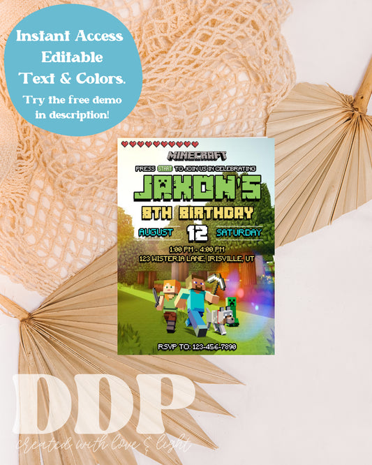 Minecraft Birthday Invitation | Video Game Birthday Party | Minecrafter Theme Invite | Gamer Bday Party | PC Minecraft Invite