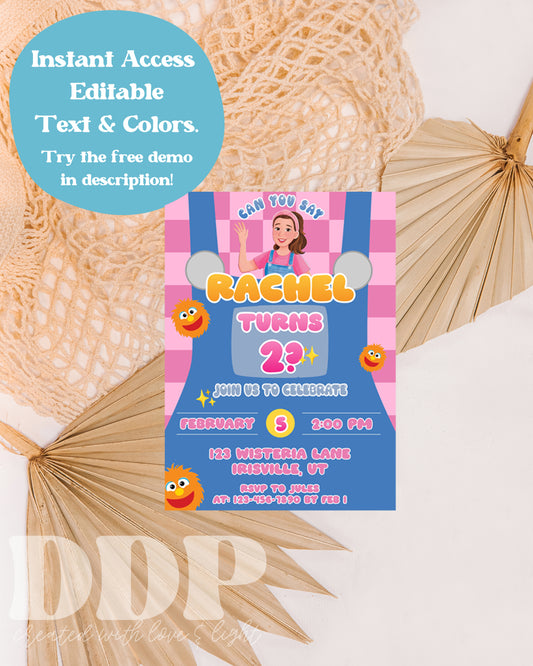 Ms Rachel Inspired Birthday Party Invitation | Overalls Songs for Littles Party Invite | Miss Rachel Sticky Bubble Gum Toddler Party