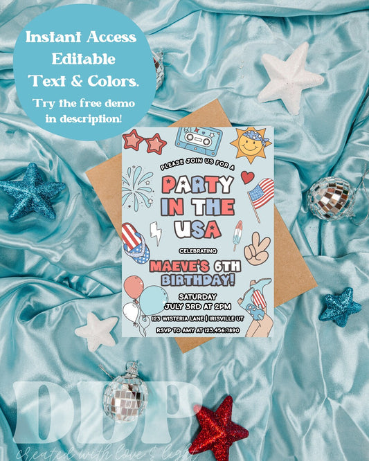 4th of July Birthday Invitation Template | Retro Fourth of July Invitation | Party in the USA Patriotic BBQ Invite