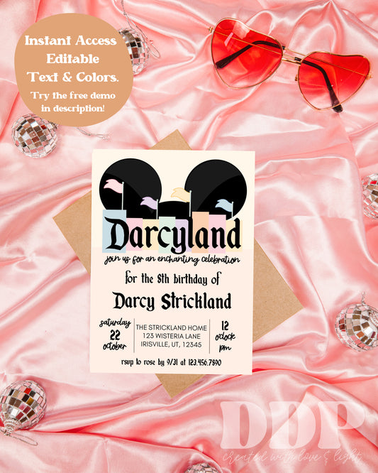 Disneyland Inspired Birthday Invitation | ANY AGE Vintage Disney Park Birthday Editable Invite Template