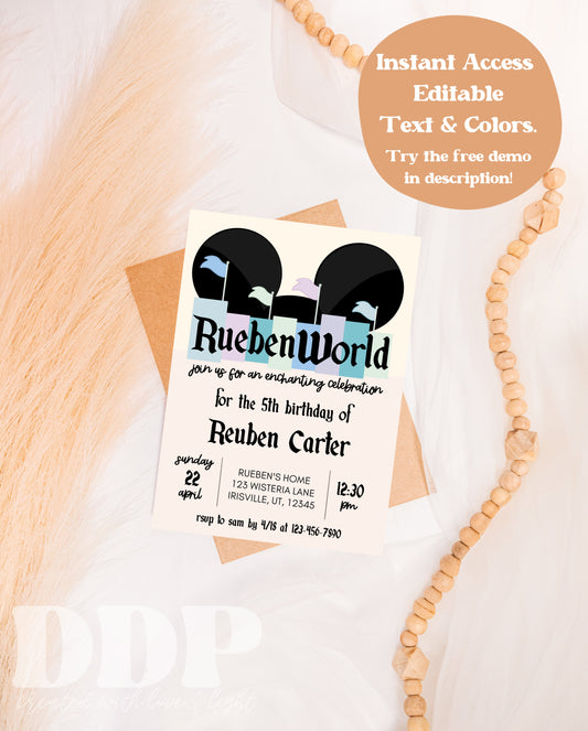 Disneyland Inspired Blue Birthday Invitation | ANY AGE Vintage Disney Park Birthday Editable Invite Template