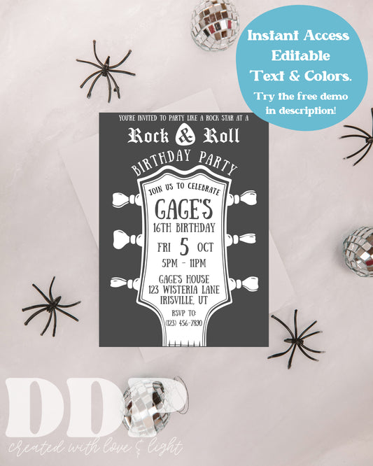Rock and Roll Birthday Invitation | ANY AGE Guitar Rocker Birthday Invite | Rock & Roll Music Birthday | Rock Band Rockstar Invite