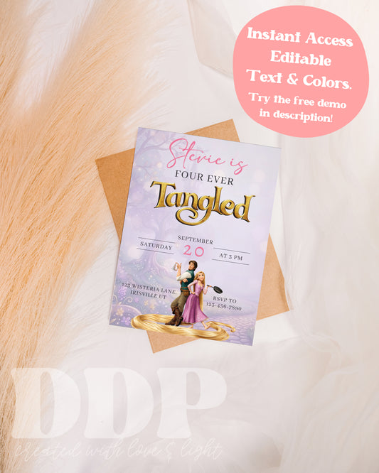 Tangled Rapunzel Birthday Invitation | Rapunzel 4th Birthday | Four Ever Tangled Princess Birthday Invite
