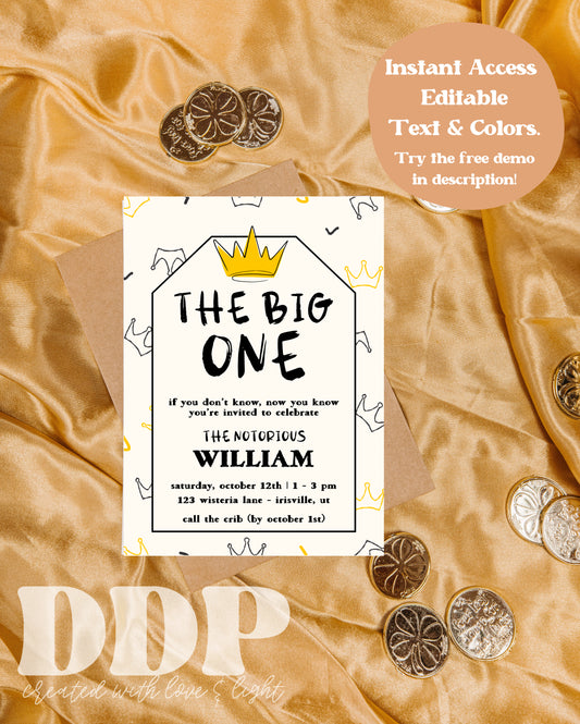 Notorious ONE 1st Birthday Invitation | Hip-Hop Crown 90s | Biggie Smalls Party | Big ONE First Birthday Invitation