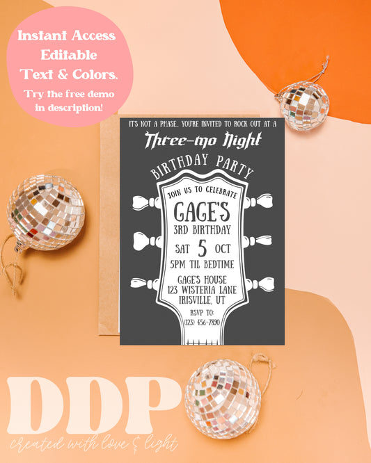 Three-mo Night Birthday Invitation | ANY AGE Punk Rock Birthday Invite | Emo Night | 3rd Birthday | Rock Band Rockstar 3mo Night Invite