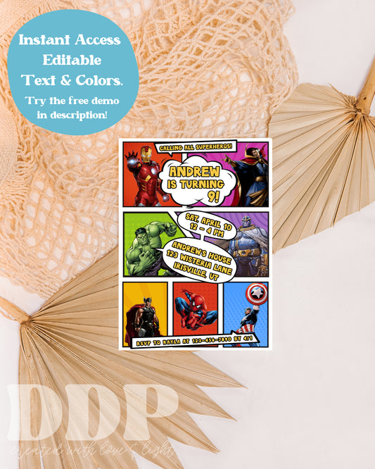 Marvel Avengers Birthday Party Invitation | Superhero Boys Party Editable Invite Template