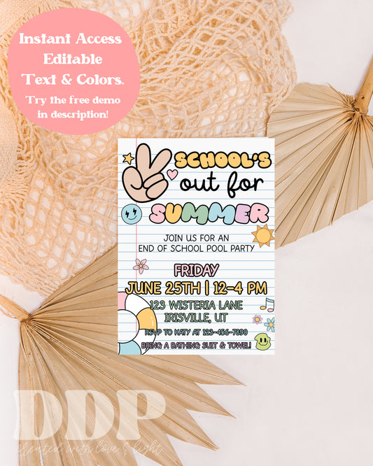 End of School Party Editable Invitation | End of School Party Invite | Peace Sign Schools Out Party Invite | Summer Pool Party Invite