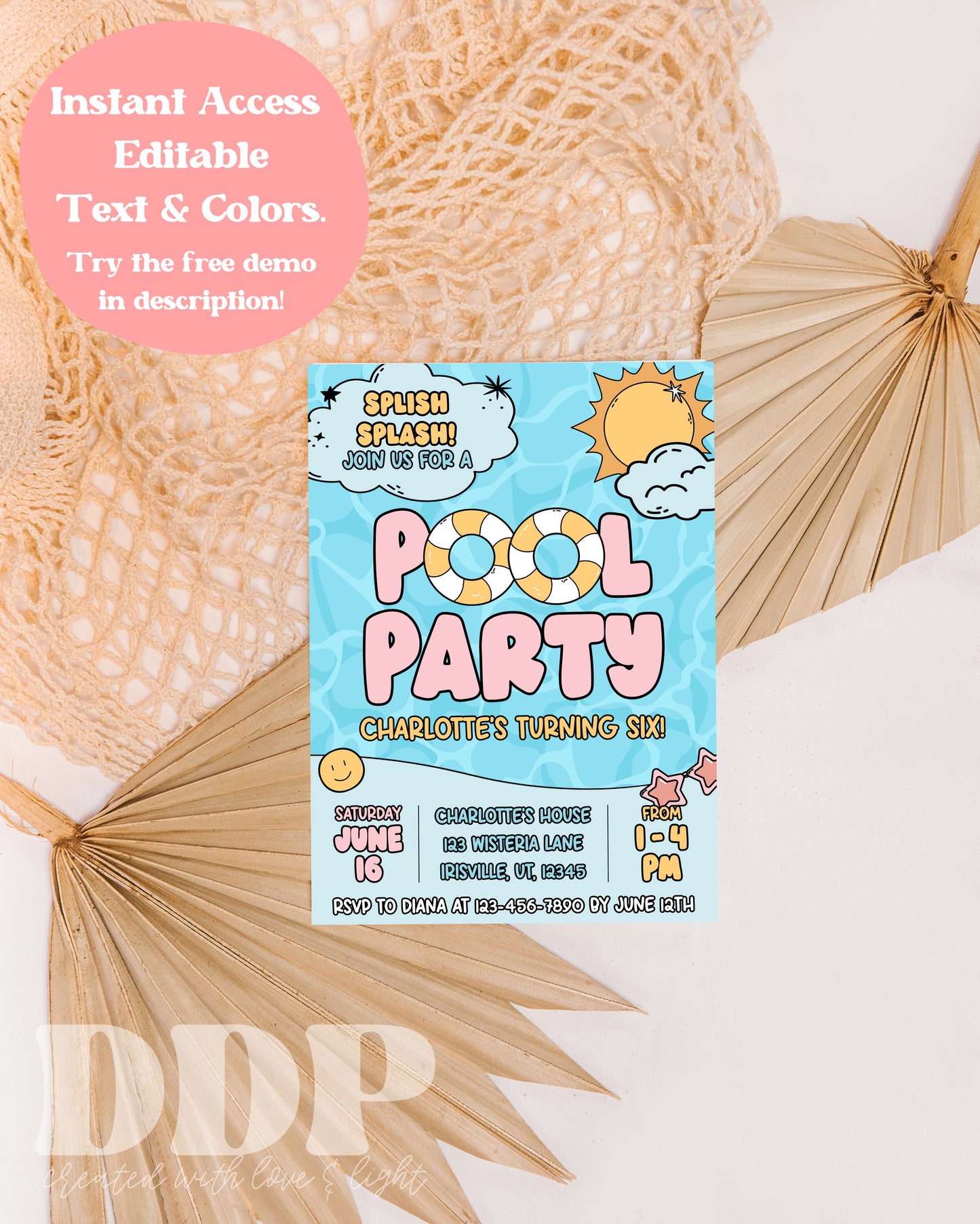 Editable Pool Party Invitation | Summer Evite Birthday | Retro Summer Pool Party Invite | Swimming Party Invite | Poolside Celebration