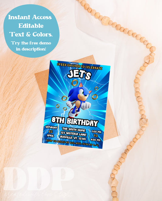Sonic the Hedgehog Birthday Party Invitation | Super Hedgehog Boys Party Editable Invite Template