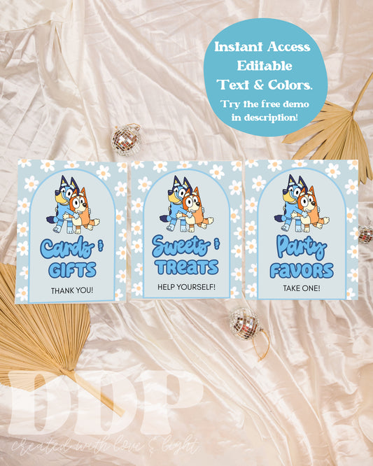 Bluey Table Signs | Blue Dog Heeler Theme Girls Printable Birthday Decor