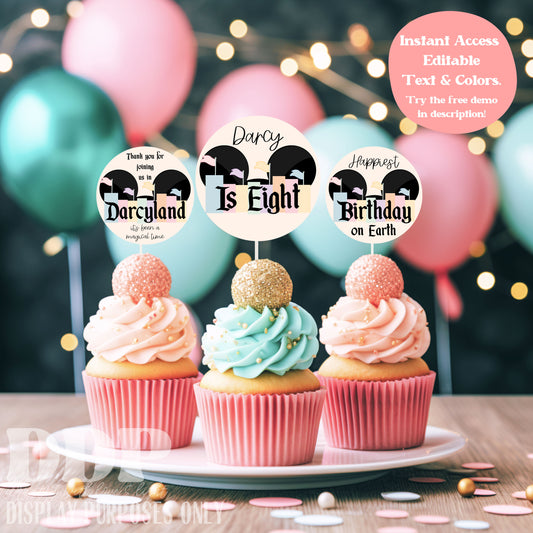 Retro Disneyland Inspired Cupcake Toppers | Vintage Disneyland Editable Cake Topper Template