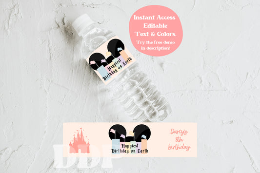 Disneyland Water Bottle Label | Vintage Disney Park Birthday Editable Water Bottle Label Template