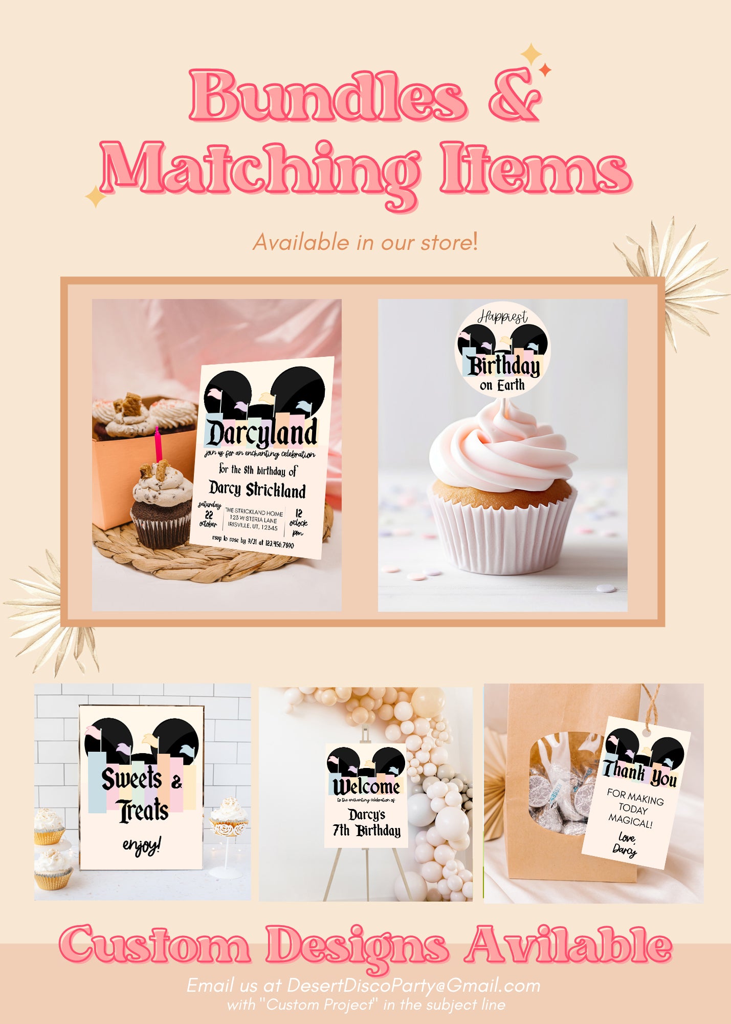 Retro Disneyland Inspired Cupcake Toppers | Vintage Disneyland Editable Cake Topper Template