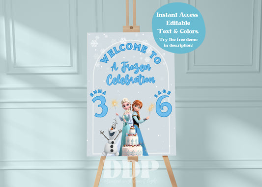 Frozen Birthday Welcome Sign | Anna Elsa Princess Sisters Birthday Sign Template