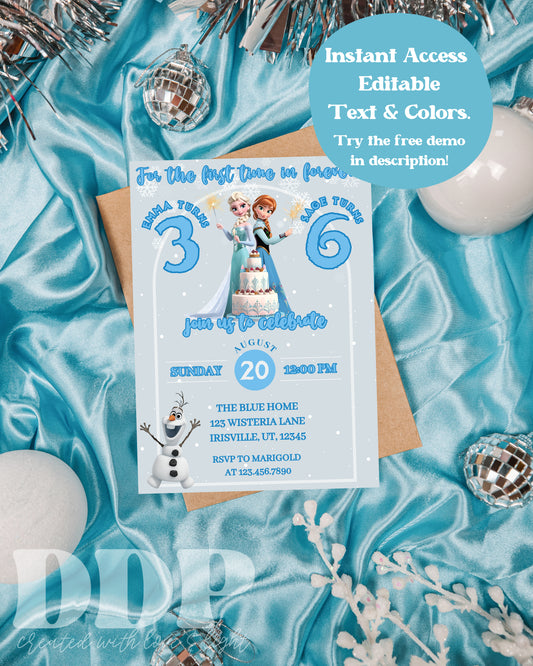 Frozen Inspired Birthday Invitation | Anna Elsa Joint Birthday Invitation | Girls Princess Sisters Party Invite