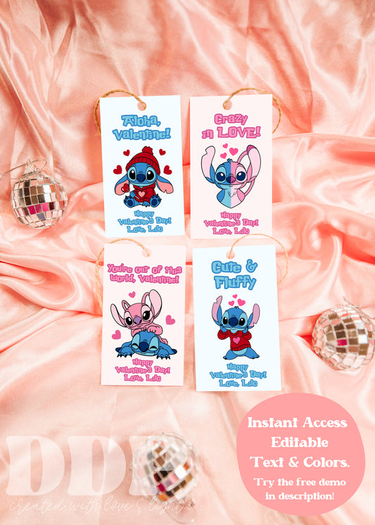 Stitch Valentine Cards Bundle | Printable Disney Valentine Gift Tags | Lilo & Stitch Classroom Vday Cards