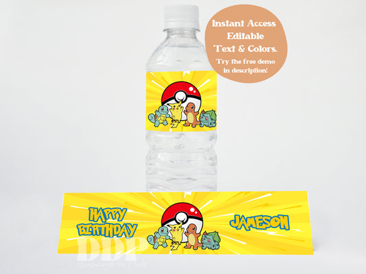 Pokemon Birthday Water Bottle Label | Pokeball Printable Party Decor | Pikachu Card Birthday Boy Party Theme