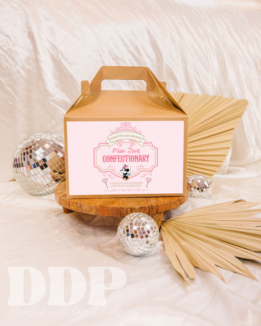 Classic Minnie Mouse Birthday Gable Box Label | Sweet Shop Confectionery Box Label | Main Street Sweet Store Favors Label