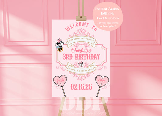 Classic Minnie Mouse Birthday Welcome Sign | Vintage Disneyland Sweet Store Birthday | Sweet Shop Birthday Sign