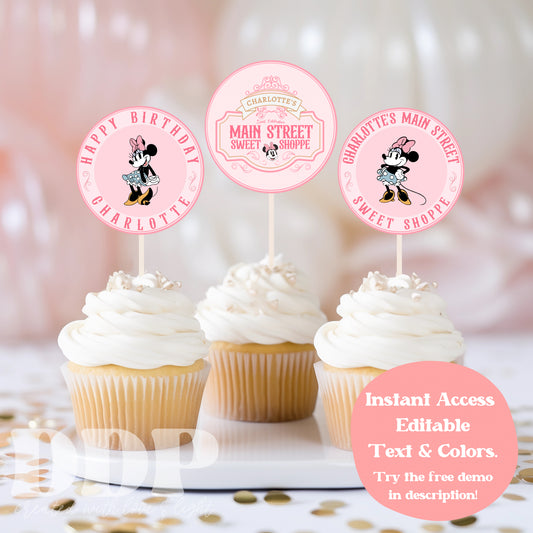Vintage Minnie Mouse Birthday Cupcake Toppers | Retro Disney Birthday | Vintage Sweet Shop Printable Party Decor