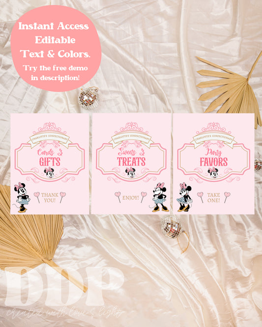 Classic Minnie Mouse Birthday Table Signs | Vintage Disneyland Sweet Store Birthday | Sweet Shop Birthday Signs