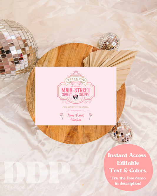 Classic Minnie Mouse Birthday Thank You Card | Vintage Disney Sweet Shop Printable Party Decor