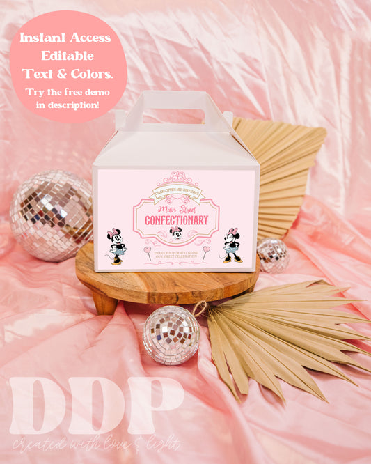 Classic Minnie Mouse Birthday Gable Box Label | Sweet Shop Confectionery Box Label | Main Street Sweet Store Favors Label