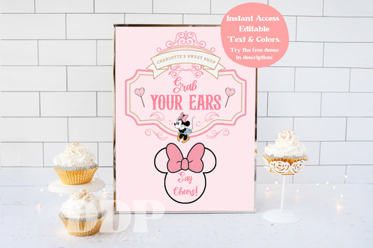 Classic Minnie Mouse Table Signs | Grab Your Ears Sign | Vintage Disneyland Sweet Store Birthday | Mainstreet Sweet Shop Signs