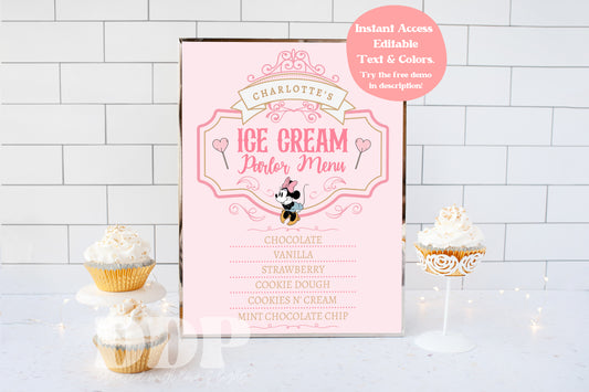 Classic Minnie Mouse Table Signs | Ice Cream Menu Sign | Vintage Disneyland Sweet Store Birthday | Mainstreet Sweet Shop Signs