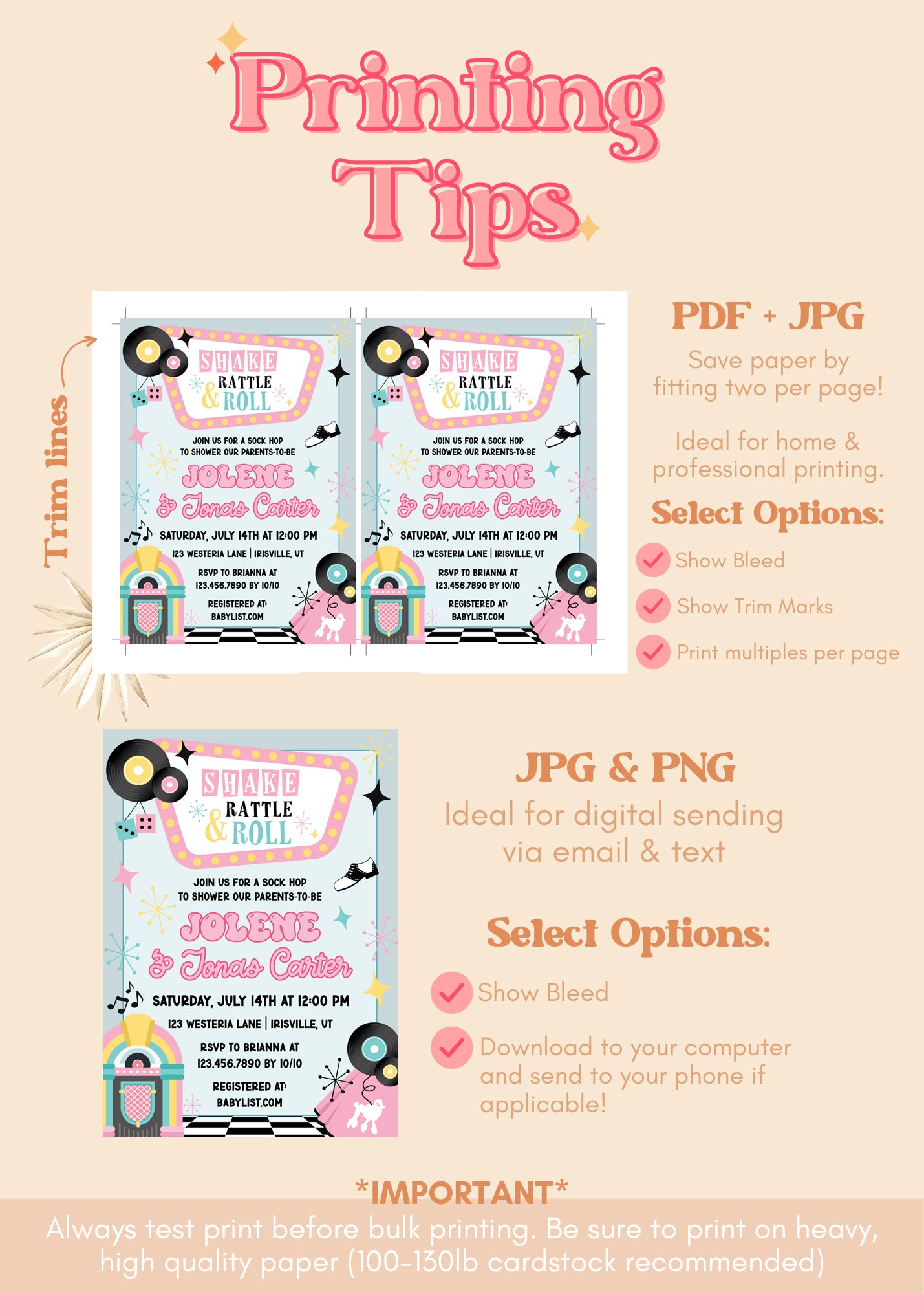 Shake Rattle Roll Baby Shower Invitation Bundle | Sock Hop 50's Retro Diner Invite | Retro 1950's Baby Shower Theme | Fifties Diner
