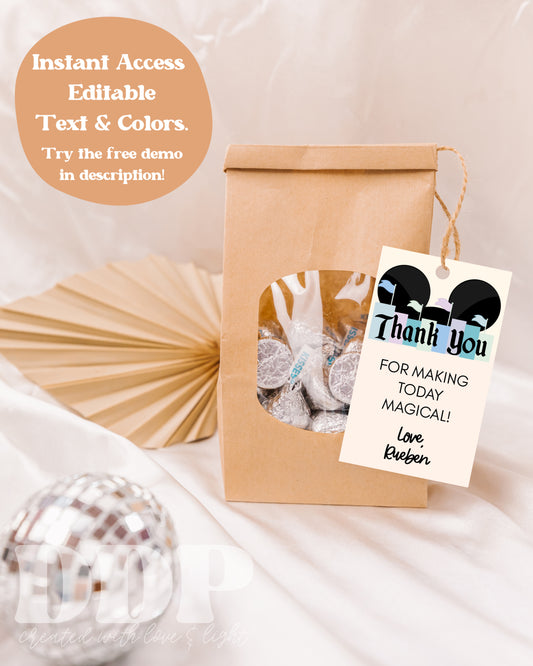 Disneyland Inspired Birthday Favor Tag | Vintage Disneyland Birthday Party Editable Thank You Tag Template | Disney Boy Birthday