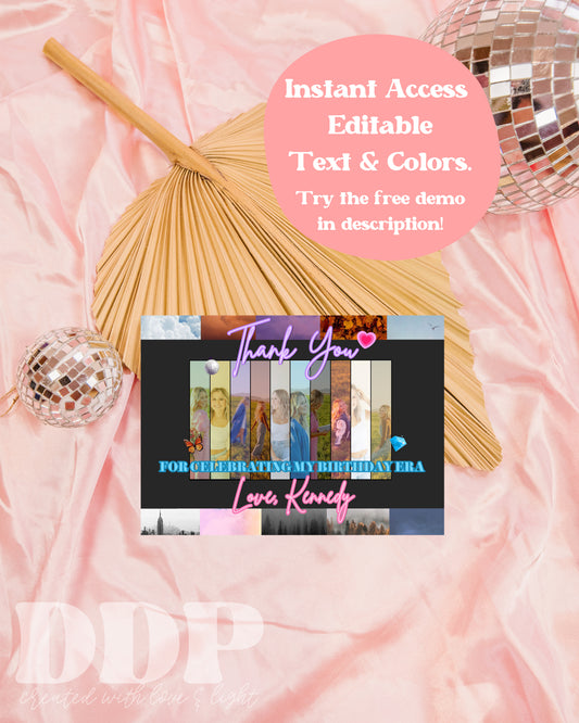 Eras Tour In Her Birthday Era Thank You Card | Swiftie Printable Party Decor