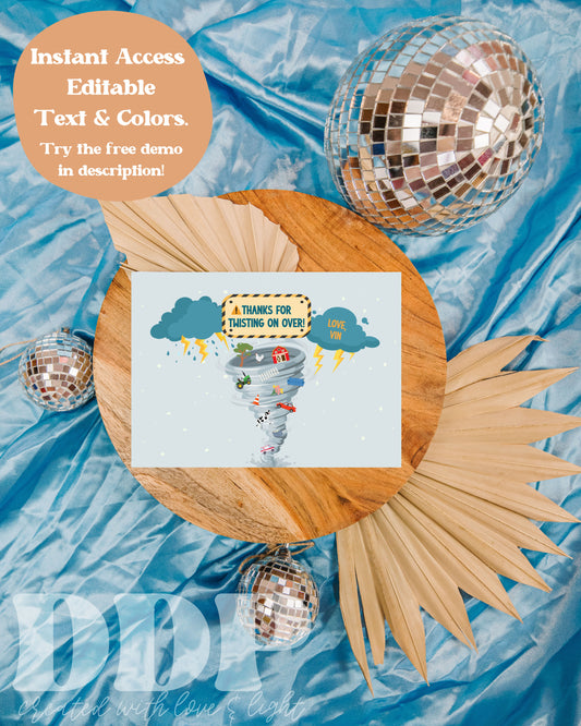 TWONADO / FOURNADO Birthday Thank You Card | Storm Hurricane Theme Printable Party Supplies