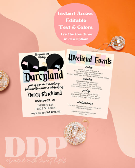 Disneyland Inspired Bachelorette Weekend Invitation and Itinerary | Amusement Park Bachelorette Girls Trip