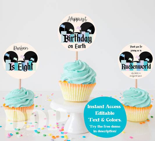 Disneyland Inspired Birthday Cupcake Toppers | Happiest Birthday On Earth Party | Vintage Disney Printable Party Decor